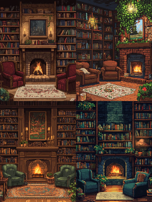 Cozy Library Pixel Scene with Books - Charming Pixel Art Environment for Retro Game Developers and Digital Creators