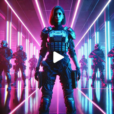 Female Soldier in Neon Light Scene - Cinematic Military Stock Video for Security and Tactical Visuals