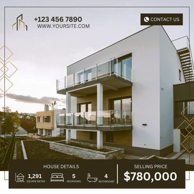 Gold Blue Real Estate Listing Post - Elegant Real Estate Flyer Template for Professional Property Marketing