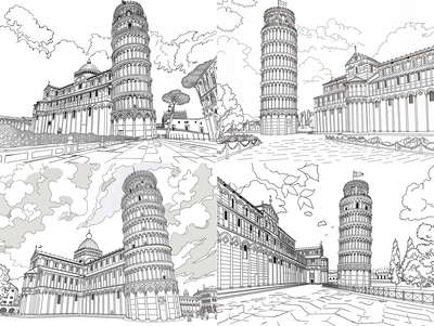 Leaning Tower Pisa Coloring - Artistic Architectural Coloring Pages for Relaxation and Creative Expression