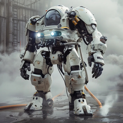 Inferno Shield Pyro-Rescue Mech Concept - Futuristic Mechanical Robotics Art for Sci-Fi Creators and Designers