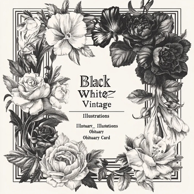 Black White Vintage Illustrations Obituary Card - Timeless Funeral Invitation for Respectful Memorials and Thoughtful Tributes