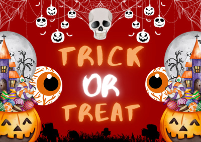 Black Orange Illustrative Trick or Treat Halloween Personal Card - Vibrant Halloween Greeting for Spooky Seasonal Celebrations