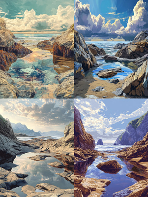 Rocky Coast at Low Tide - Serene Seascape Landscape Art for Tranquil Spaces and Creative Decor