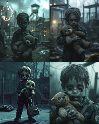 Child Zombie Holding Tattered Teddy - Haunting Dark Art for Horror Creators and Macabre Projects
