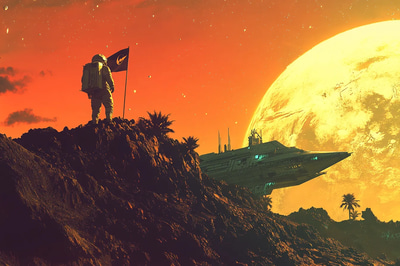 Astronaut Planting Flag on Alien Terrain - Digital Art - Immersive Sci-Fi Space Exploration for Creators and Visionary Projects
