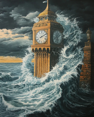 Clock Tower in Ocean Surreal Art - Dreamlike Surrealist Painting for Creative Spaces and Art Enthusiasts 2025-2026