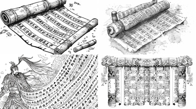 Ancient Scroll Coloring - Hand-Drawn Ideogram Coloring Pages for Relaxation and Creative Expression