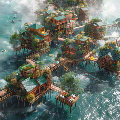 Azure Haven - Stilted Coastal Metropolis Concept Art - Immersive Architectural Concept Art for Designers and Creatives