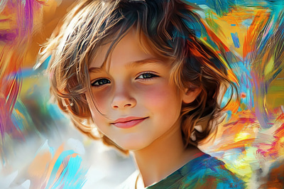 Bright Playful Digital Portrait of a Young Boy - Vibrant Contemporary Portrait Art for Creative Projects and Personal Branding