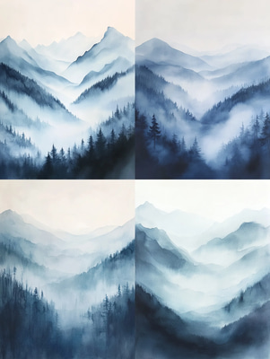 Misty Mountain Watercolor Painting - Serene Heritage Brushworks Watercolor Art for Timeless Decor and Creative Projects