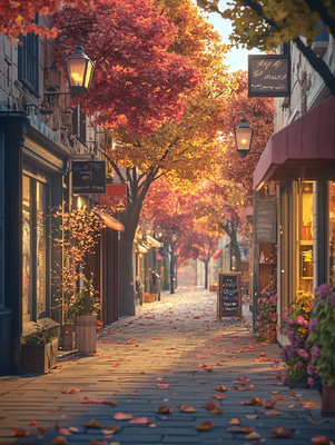 Autumn Street Scene - Serene Verdant Horizon Landscape Art for Relaxing Decor and Creative Spaces