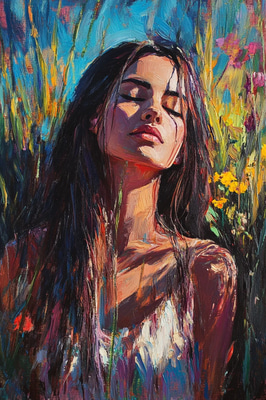 Impressionistic Portrait of a Woman in a Vibrant Garden - Expressive Impressionist Portrait Art for Personal and Commercial Use