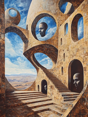Endless Looping Staircase Surreal Art - Dreamlike Surrealist Painting for Creative Spaces and Visual Storytelling
