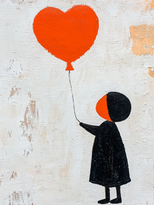 Minimalist Portrait of a Child with a Balloon - Ethereal Primary Colors Portrait Art for Creative Studios and Personal Spaces