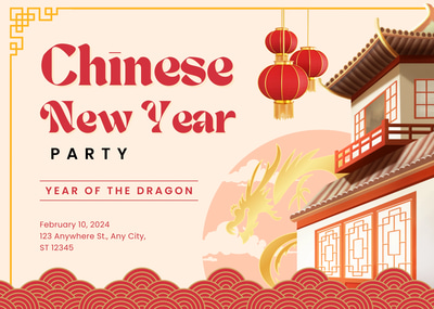 Cream Red Gold Playful Chinese New Year Party - Festive Holiday Invitation Cards for Joyful Celebrations and Creative Hosts