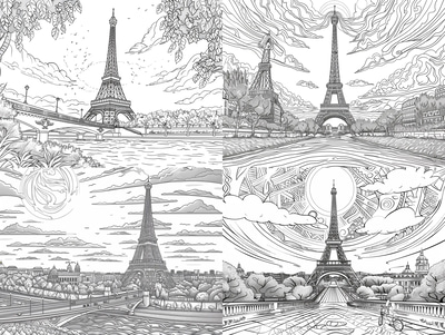 Eiffel Tower Coloring Page - Artistic Landmark Illustration for Creative Coloring and Relaxation