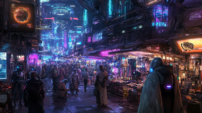 Cyberpunk Market on an Alien World - Digital Art - Futuristic Sci-Fi Vector Illustration for Creative Designers and Visual Storytelling