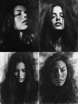 Long-Haired Woman Charcoal Portrait - Expressive Handcrafted Pencil & Charcoal Art for Classic Portrait Collectors
