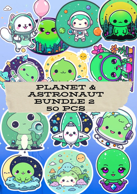 50 Deep Space Set Astronaut & Planet Bundle - Glossy Space Alien Stickers for Creative Projects and Digital Art