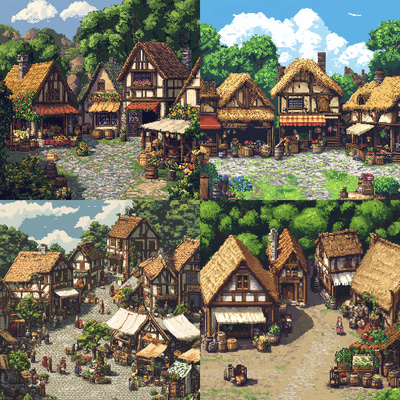 Medieval Village with Thatched Roofs - Retro Pixel Art for Game Developers and Nostalgic Creators