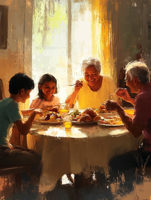 Family Gathering Digital Artwork - Warm, Inviting Digital Painting for Personal and Commercial Storytelling