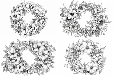 Floral Wreath Coloring Page - Elegant Botanical Coloring Art for Creative Relaxation and Mindful Stress Relief