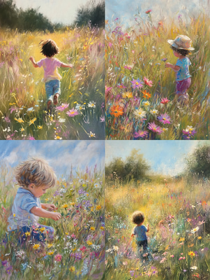 Child in Wildflower Field Pastel - Timeless Pastel Painting for Serene Home and Artistic Spaces