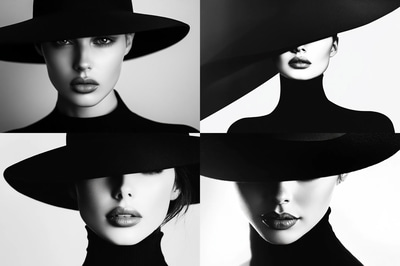 High Contrast Minimalist Portrait of a Woman with a Hat - Ethereal Minimalist Portrait Art for Contemporary Creative Projects