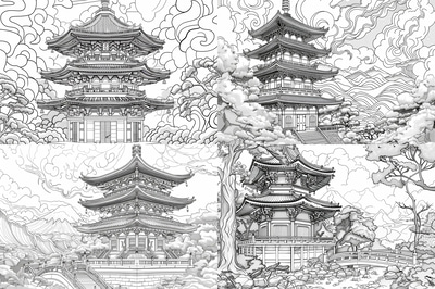 Japanese Pagoda Coloring - Detailed Asian Architecture Coloring Pages for Relaxation and Creative Expression
