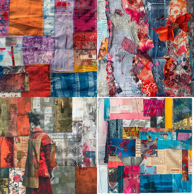 Patterned Fabric Abstract Collage - Vibrant Mixed Media Abstract Art for Creative Designers and Visual Projects