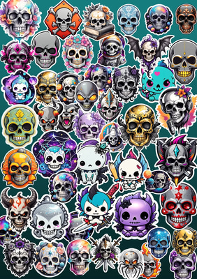 50 Death's Mask Skull Collection - Horror Haunted & Paranormal Sticker Set for Creative Branding and Spooky Projects