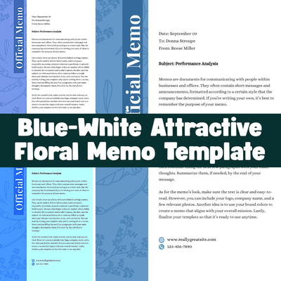 Blue White Attractive Floral Memo Template - Elegant Business Communication Design for Professional Presentations and Meetings