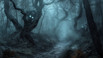 Dark Eerie Forest Path - Gothic Digital Art for Dark Aesthetic Creatives and Atmospheric Projects