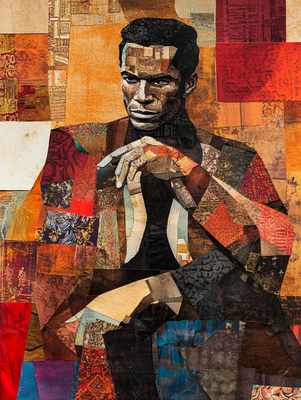 Man Collage Portrait with Rich Textured Fabrics - Expressive Mixed Media Portrait Art for Creative Storytelling and Interior Displays