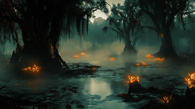 Foggy Alien Swamp - Atmospheric Sci-Fi Alien Planet Artwork for Immersive Visual Projects and Creative Worlds