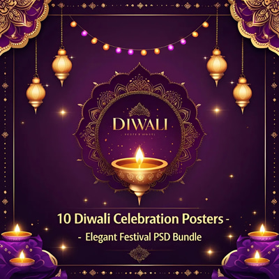 10 Diwali Celebration Posters - Elegant Festival PSD Bundle - Stylish Marketing Templates for Festive Campaigns and Brand Promotion