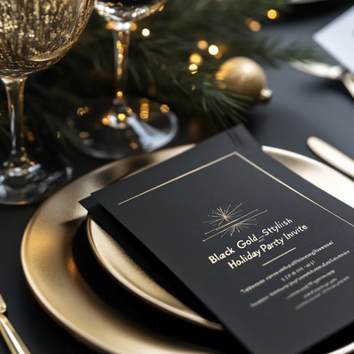 Black Gold Stylish Holiday Party Invite - Elegant Christmas Card Template for Festive Celebrations and Professional Events