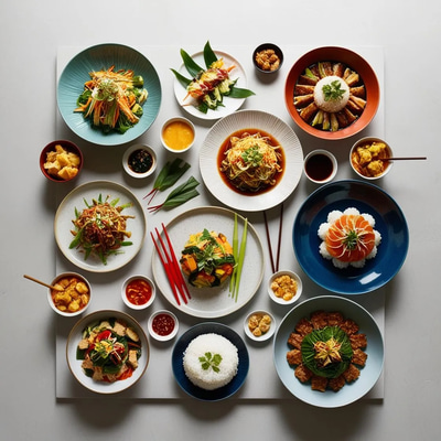 Asian Gourmet Spread - Culinary Flatlay Composition - Premium Stock Video for Food Creators and Marketers