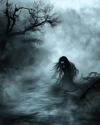 Ghostly Nymph in Dark Forest - Ethereal Horror Art for Mythical Creature Enthusiasts and Dark Fantasy Creators