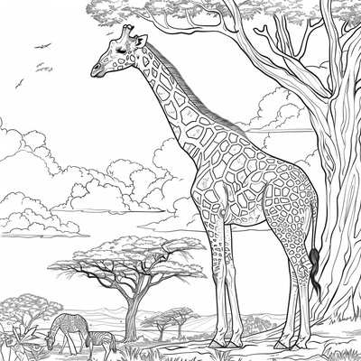 Giraffe Grazing Coloring Page - Serene Wildlife Illustration for Relaxing Creative Coloring