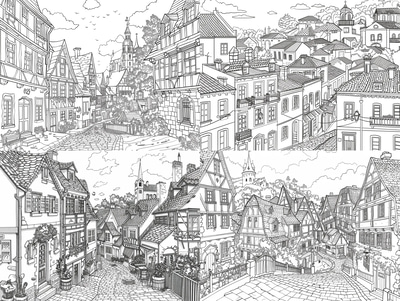 European Village Coloring Page - Artistic Architectural Coloring Sheet for Relaxation and Creative Expression