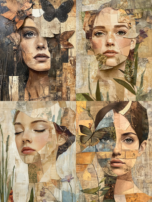 Nature-Inspired Collage Portrait of a Woman - Artistic Mixed Media Portraits for Emotional Home Decor and Creative Projects