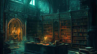 Ancient Gothic Library Scene - Dark Aesthetic Digital Art for Atmospheric Horror and Gothic Creatives