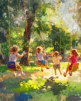 Children Playing Digital Painting - Vibrant Traditional-Inspired Digital Art for Family & Educational Projects