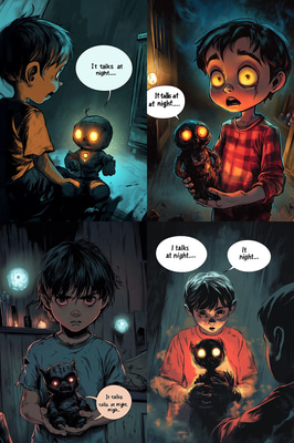 Child Holding Creepy Toy Comic - Dark Horror Comic Art for Immersive Storytelling and Graphic Novels