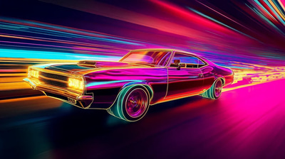 Classic Car Drive Neon Night Road Trip - Retro Luxe Wall Art for Timeless Automotive Ambiance