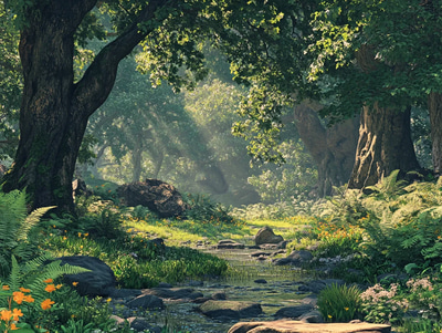 Elderwood Primeval Forest Light - Digital Realistic Landscape Art for Immersive Environmental Projects