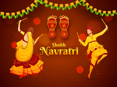 Garba Dance Poster - Man & Woman with Dandiya Sticks - Vibrant Festival Illustration for Cultural Celebrations and Event Promotions