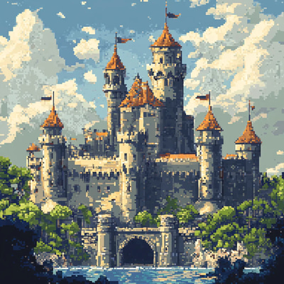 Castle Exterior with Turrets Pixel Art - Vibrant Retro Gaming Pixel Art for Indie Developers and Nostalgic Creators